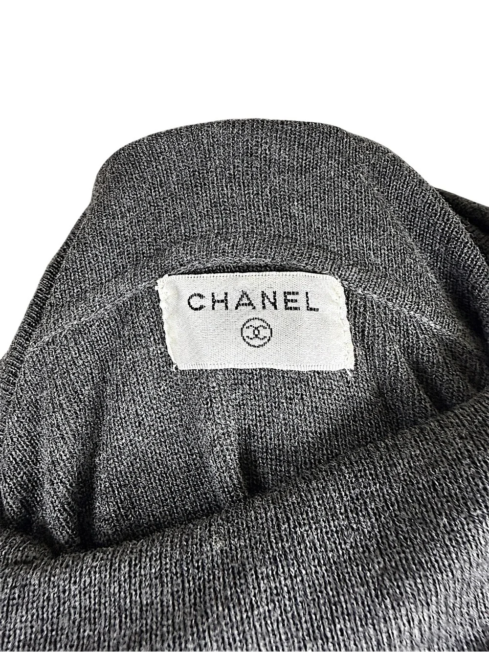 CHANEL Vintage Fall 2008 Grey CC Logo Lace Sleeve Turtleneck Sweater